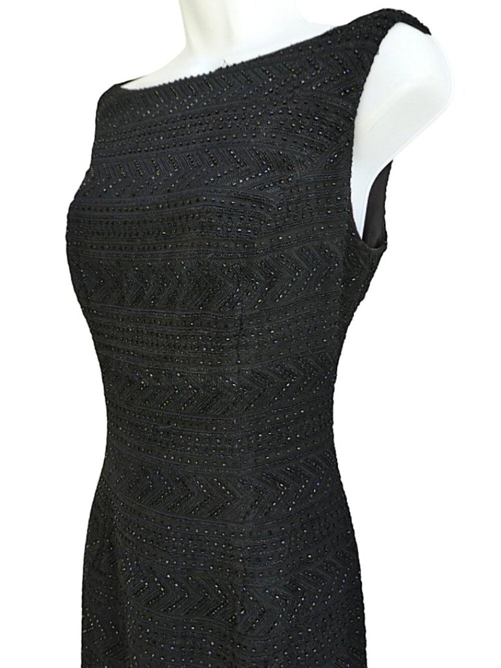 Carmen Marc Valvo Metallic Black Heavily Beaded Gown Bateau Neck Back Zip Lined
